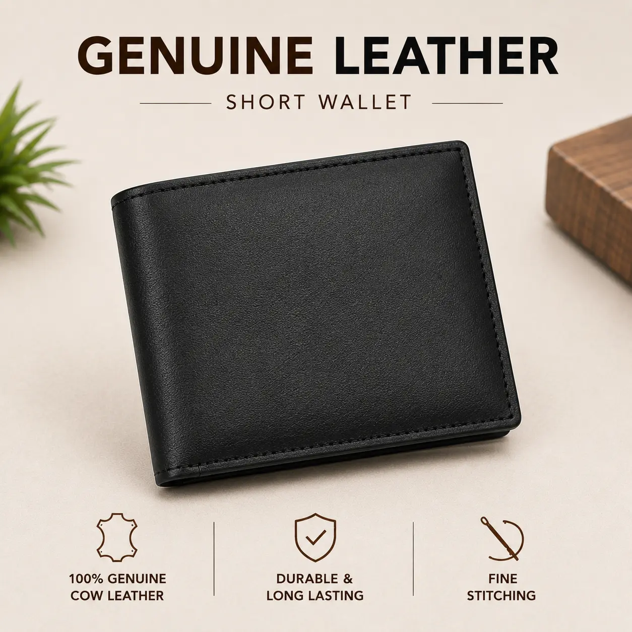 Short Plain Leather Wallet for Men - Black